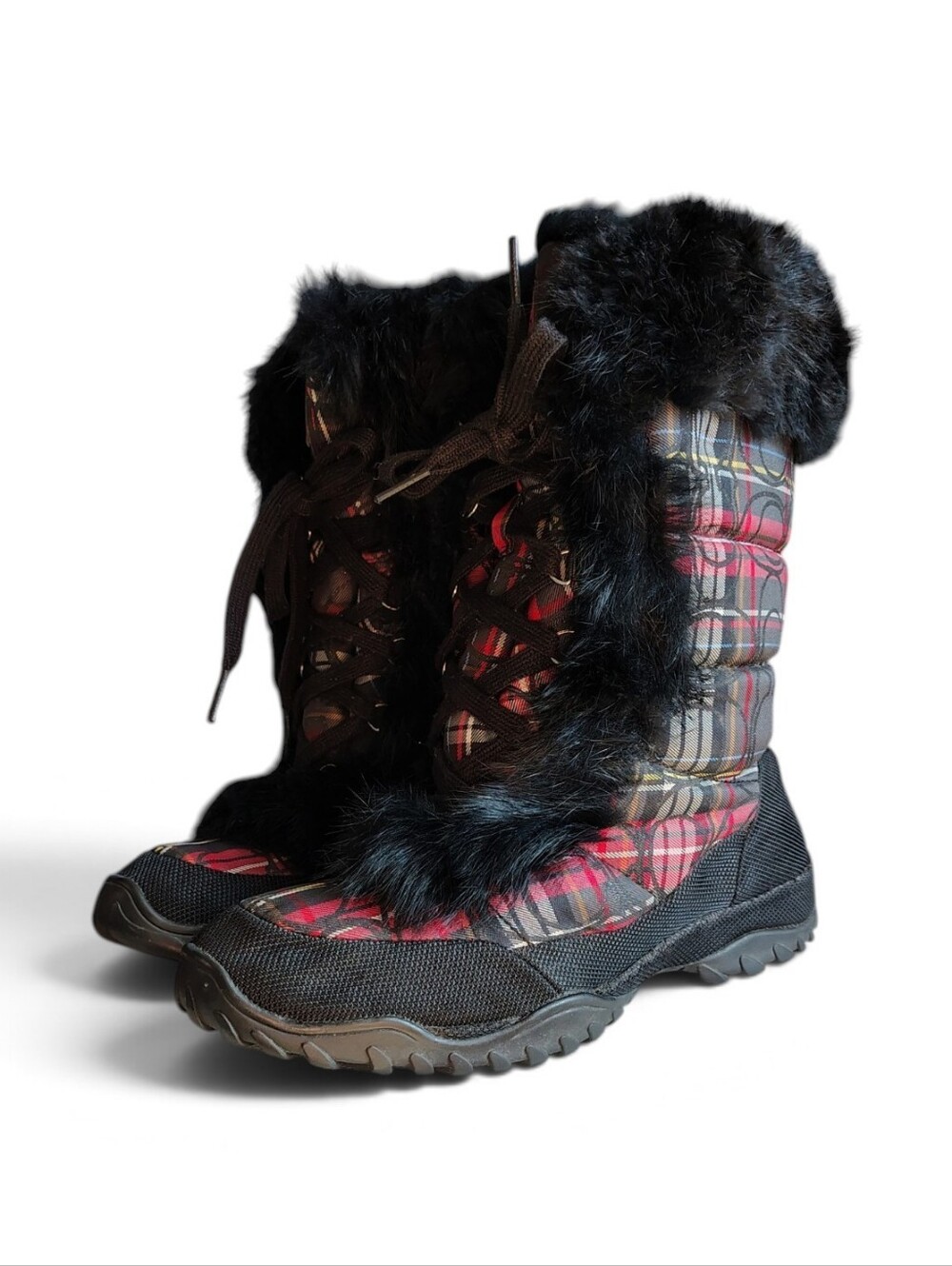 Coach Jennie Plaid Quilted Rabbit Fur Lined Waterproof Snow Boots Women's 9